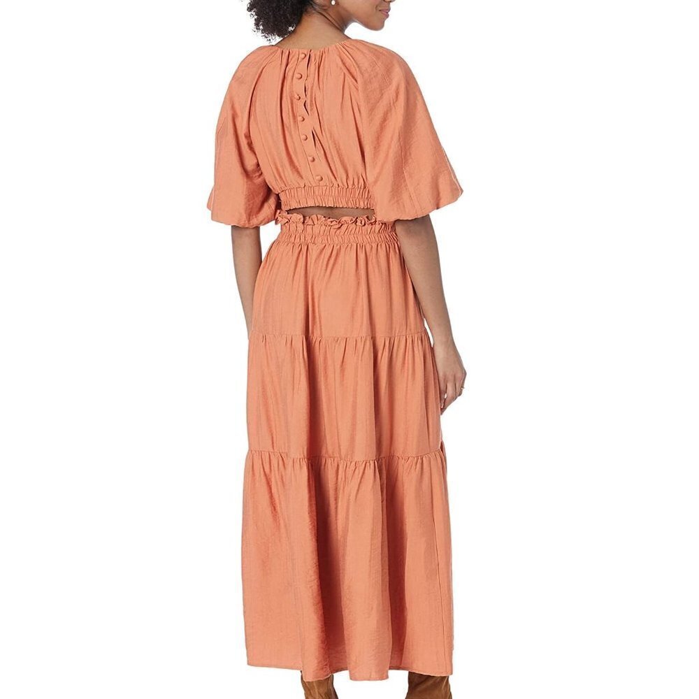 MOON RIVER Puff Sleeve Back Cutout Midi Dress Rust Size Small NWT - Picture 4 of 4